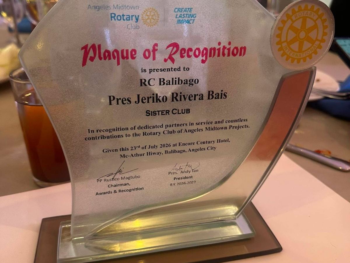 Plaque of Recognition naming the Rotary Club of Balibago a Sister Club of the Rotary Club of Angeles Midtown